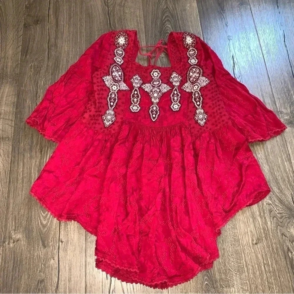 Free People Red Embroidered Boho Tunic